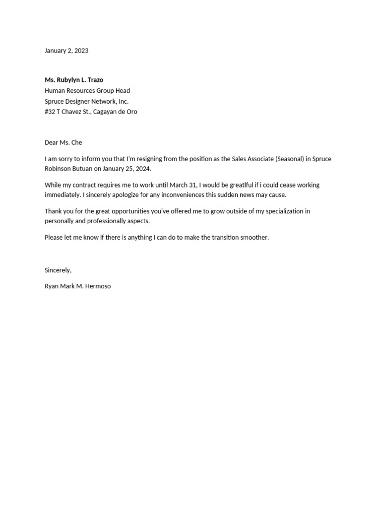 Resignation Letter CDO | PDF