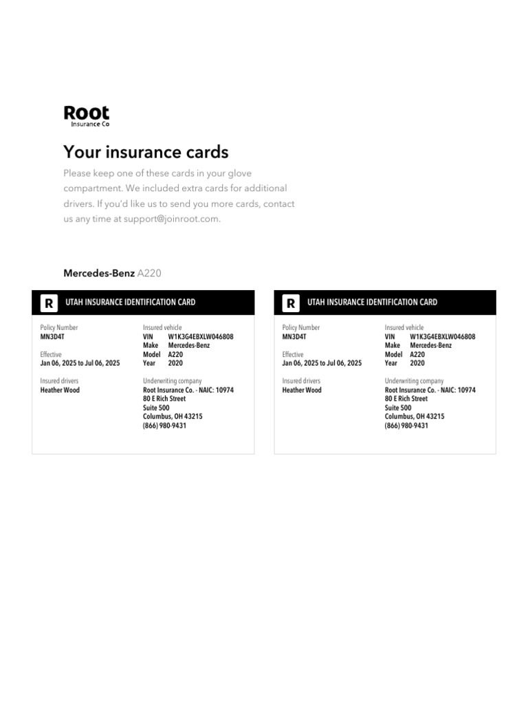 Utah Insurance Card for Mercedes-Benz A220 | PDF