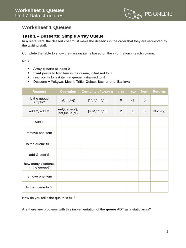Data Structures Worksheet 1 Queues | PDF | Queue (Abstract Data Type ...