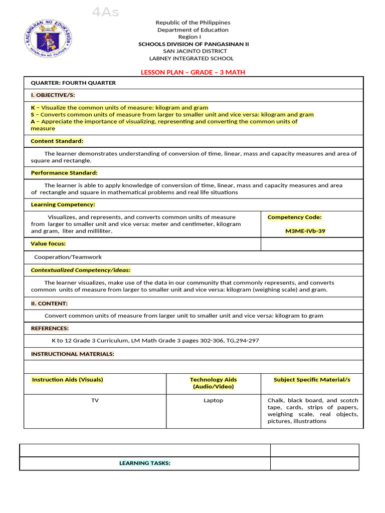 Grade 3 Math Lesson Plan: Unit Conversion | PDF | Learning | Lesson Plan