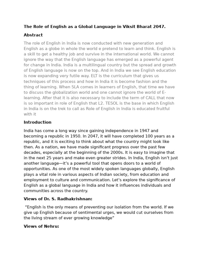 The Role of English As A Global Language in Viksit Bharat 2047. | PDF ...