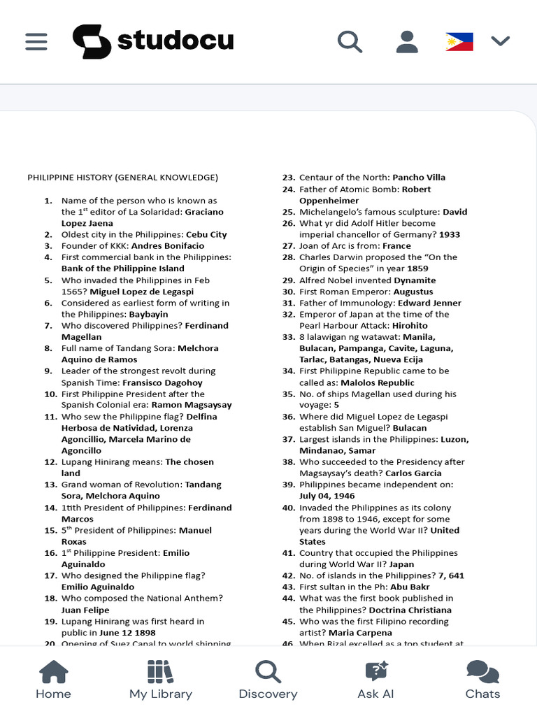 Philippine History Quiz Questions | PDF | Philippines | President Of ...