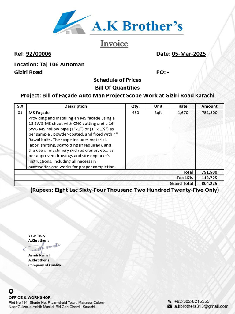 Invoice for MS Façade Installation | PDF