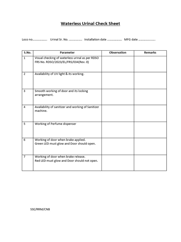 Waterless Urinal Inspection Checklist | PDF