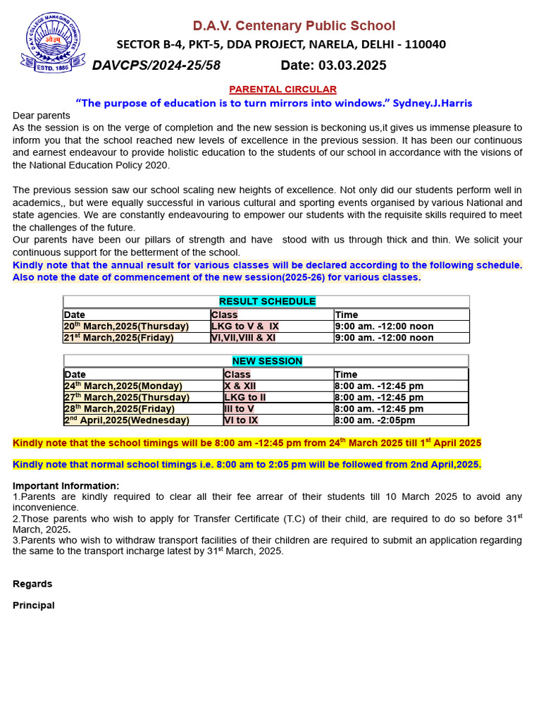 Parental Circular for New Session 2025-26 | PDF