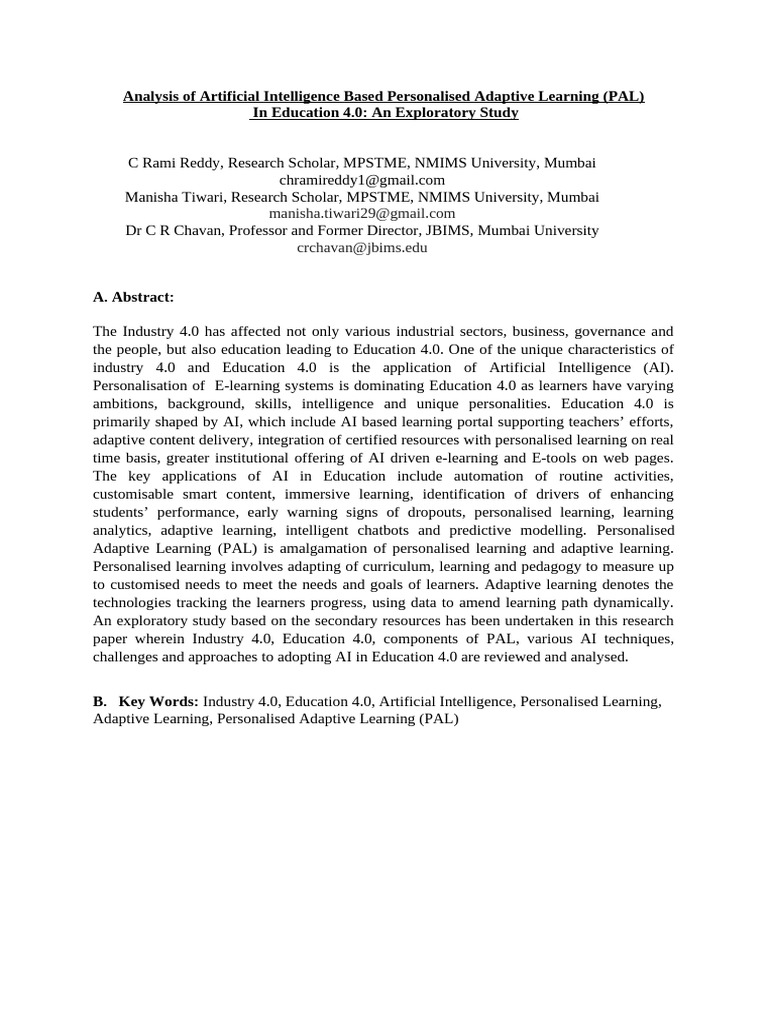 Analysis of Artificial Intelligence Based Personalised Adaptive ...