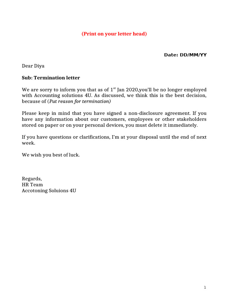 Accountant Termination Letter Template | PDF