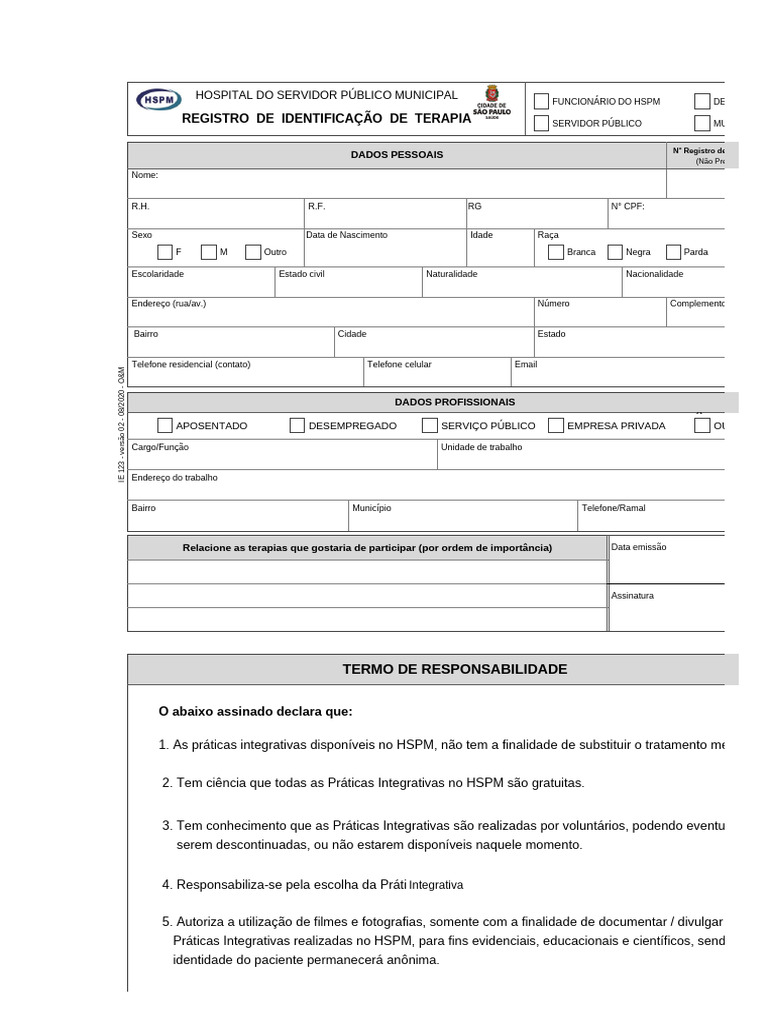 Registro de Terapia no HSPM: Formulário | PDF