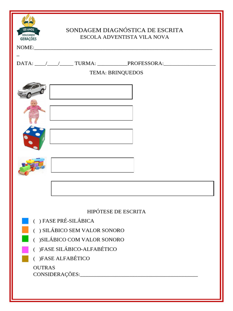 Sondagem Diagnóstica de Escrita: Brinquedos | PDF
