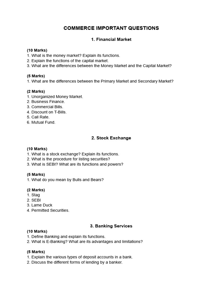 Commerce Important Questions | PDF | Banks | Entrepreneurship