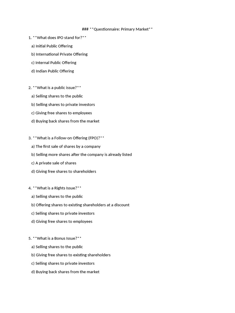 Primary Market Questionnaire Guide | PDF