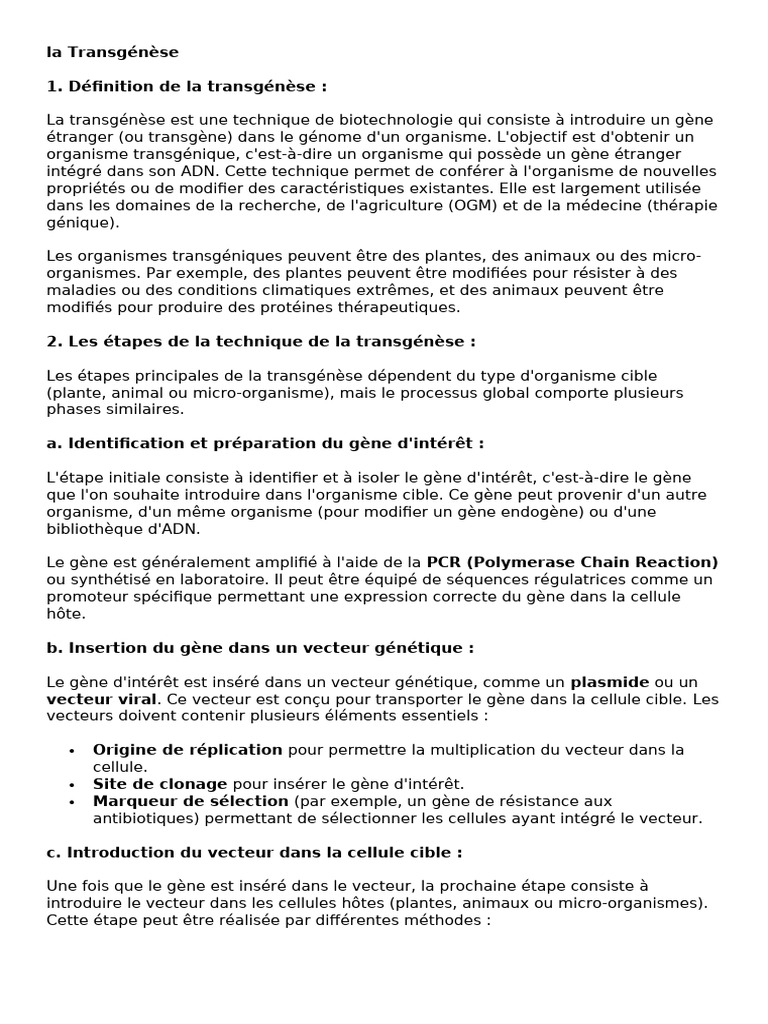 Définition et étapes de la transgénèse | PDF | Organisme génétiquement ...