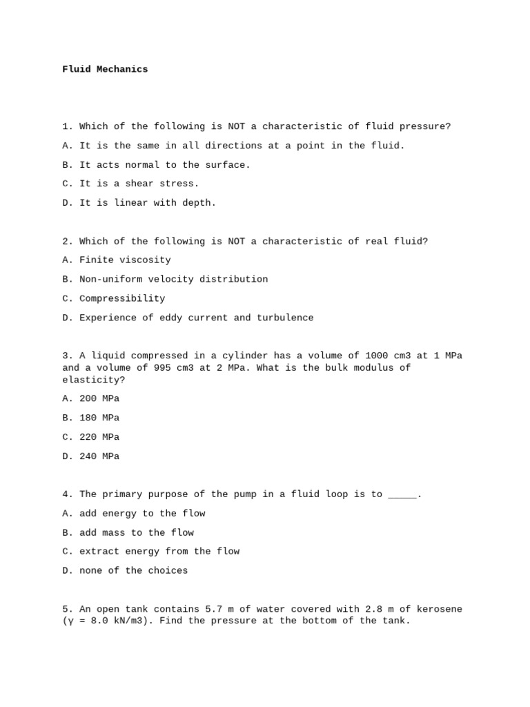 Fluid Mechanics: Key Concepts and Questions | PDF | Pressure | Fluid ...