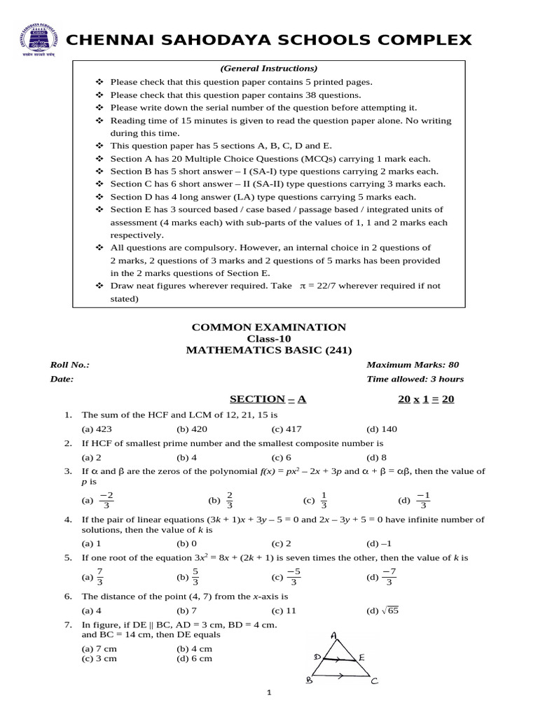 Maths Basic - 10th - Set A QP | PDF | Circle | Mathematics
