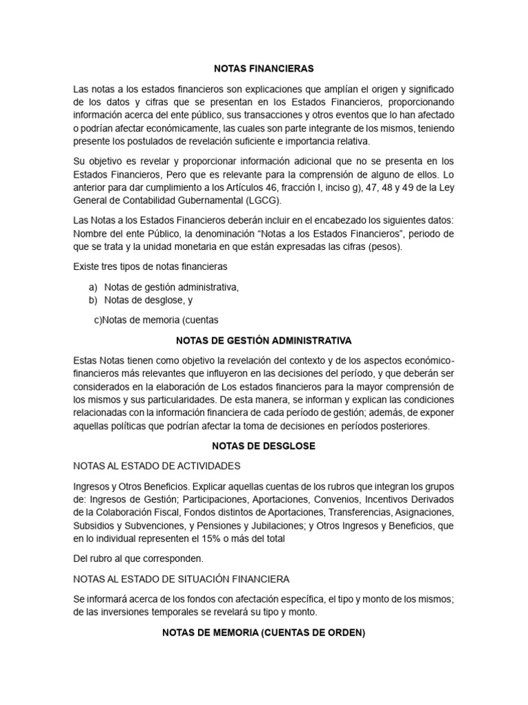 Notas Financieras: Guía Completa | PDF | Estado financiero | Contabilidad