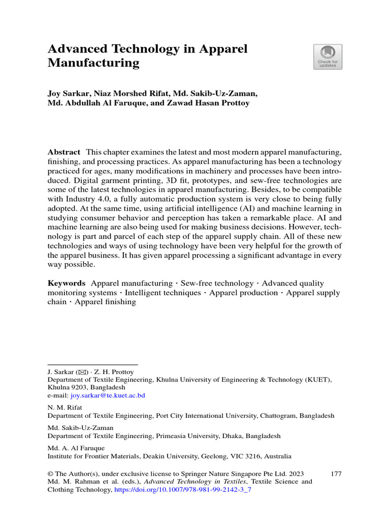 Advanced Technologyin Apparel Manufacturing | PDF | Sewing | Sewing Machine