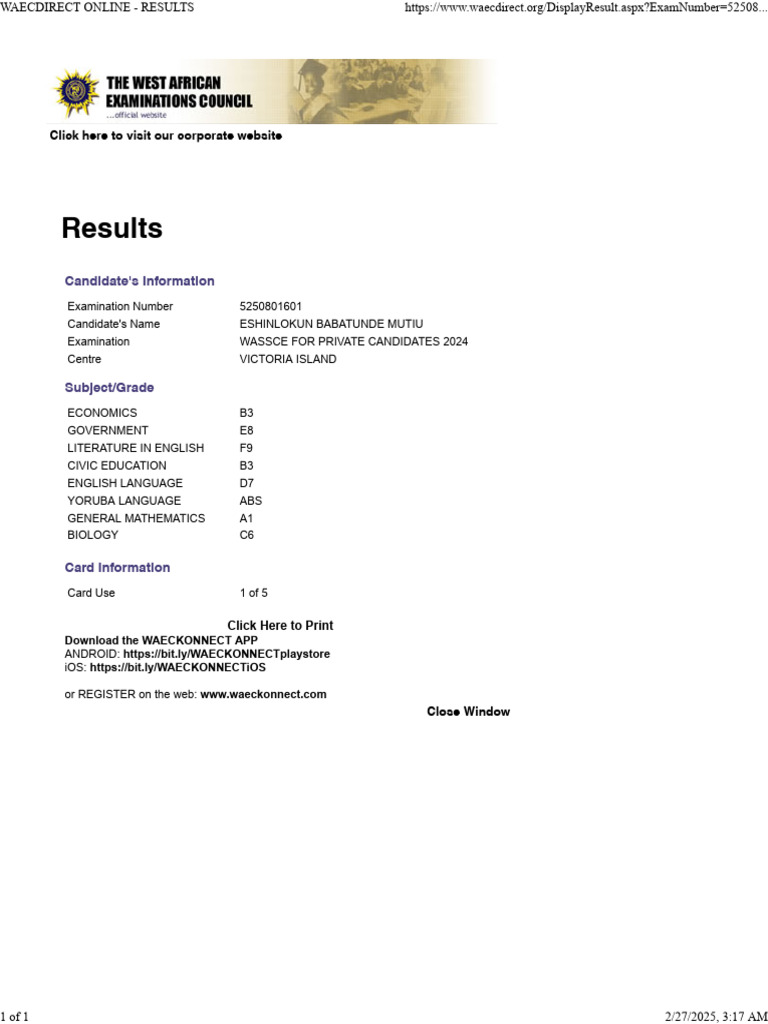 WAEC 2024 Private Candidate Results | PDF
