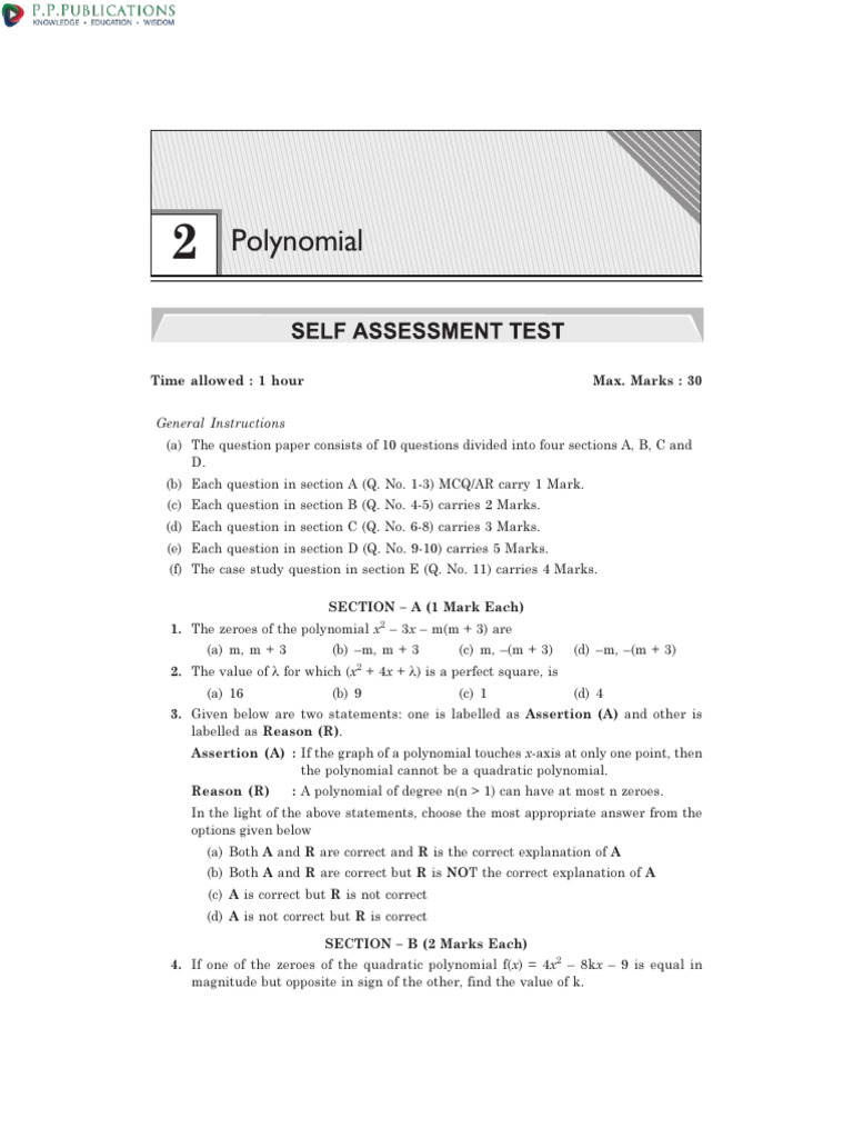Class 10 Maths Chapter 2 Test Paper | PDF | Polynomial | Zero Of A Function