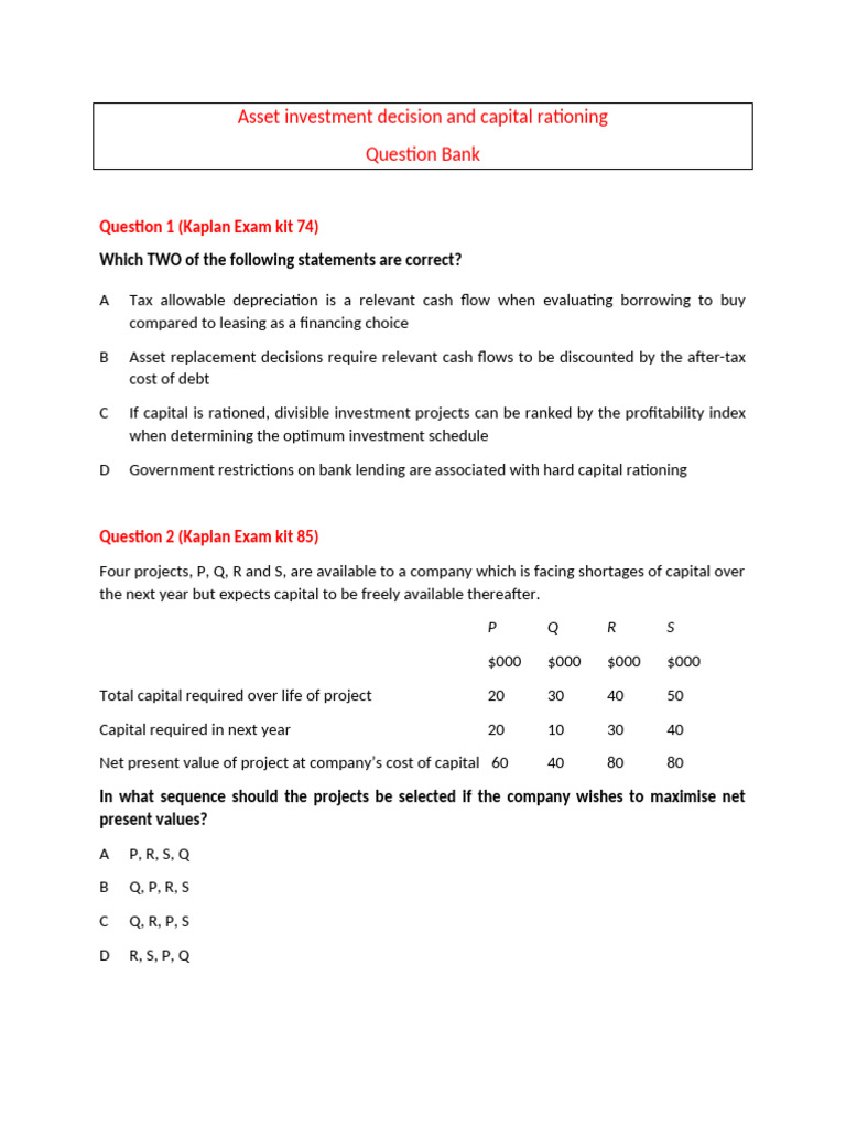 Capital Rationing and Investment Decisions | PDF | Cost Of Capital ...