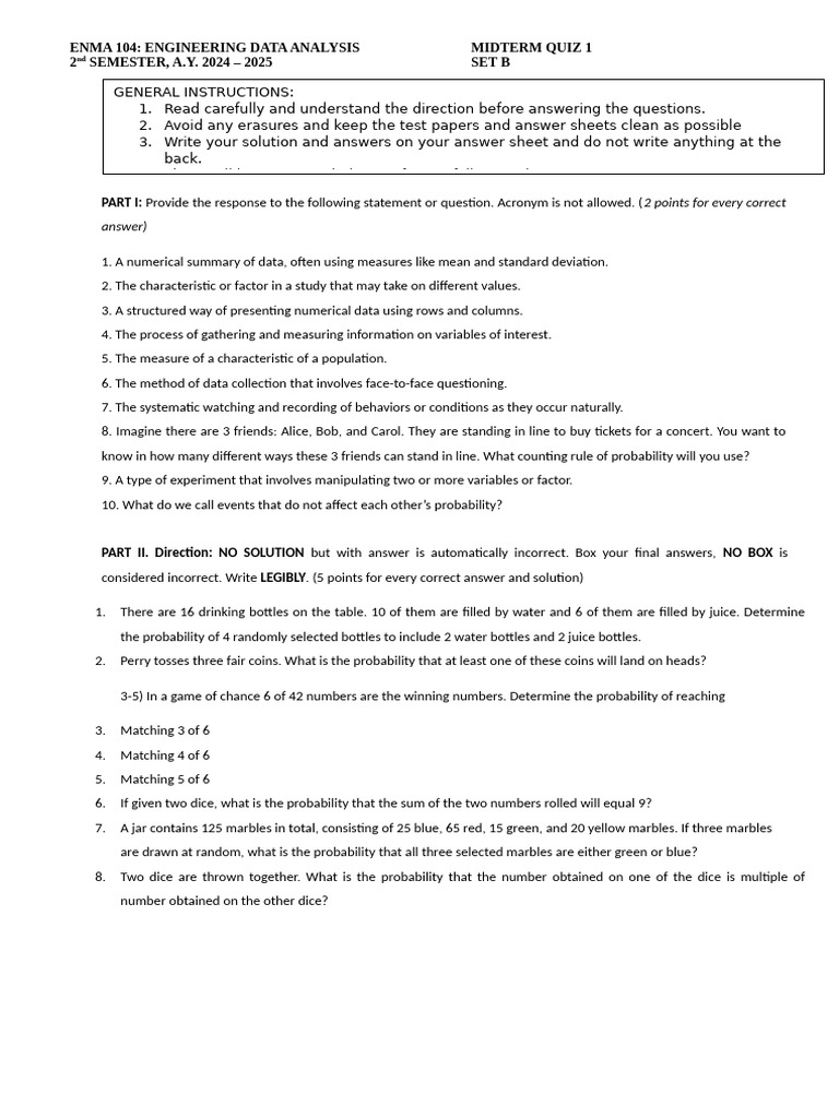 ENMA 104 Midterm Quiz: Data Analysis | PDF | Probability | Dice