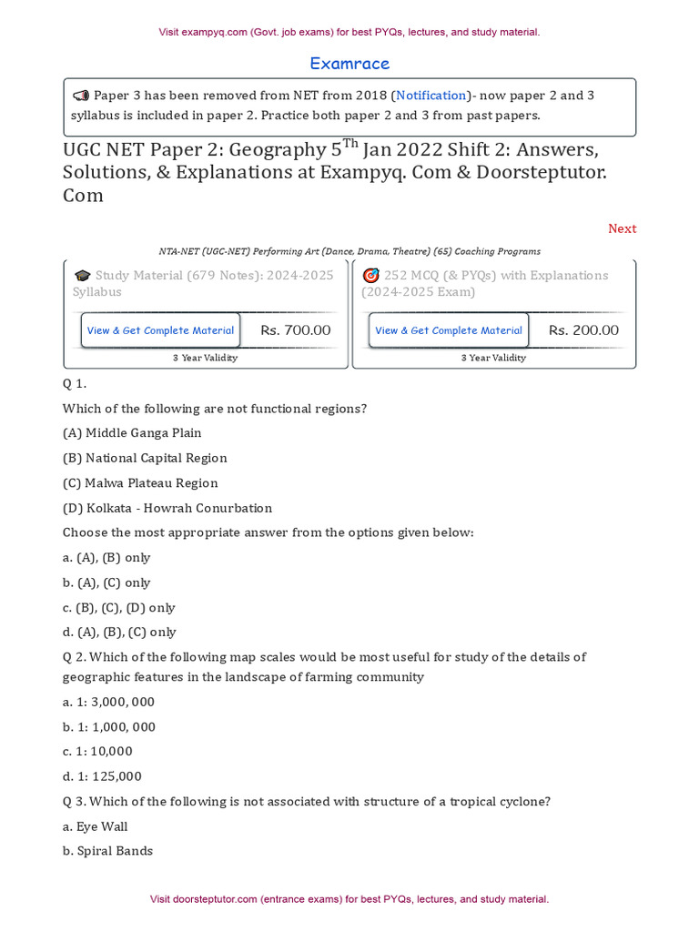 UGC NET Geography Paper 2 Solutions | PDF | Tariff | Glacier
