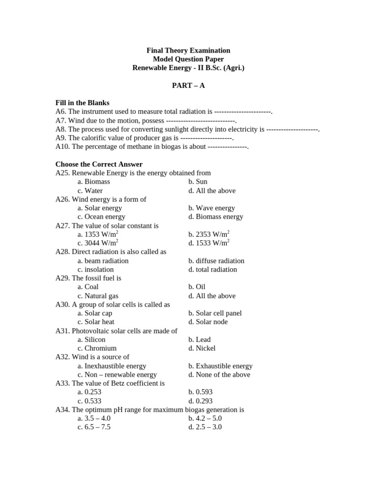 Renewable Energy Exam Model Questions | PDF | Solar Power | Renewable ...