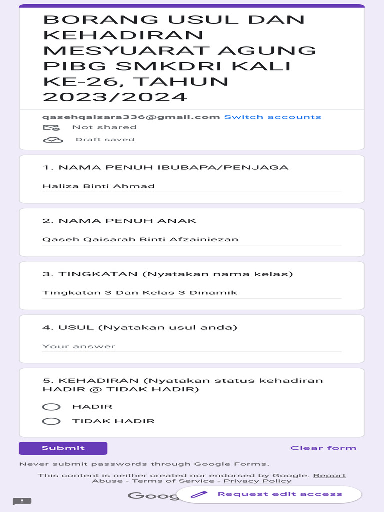 Borang Usul Dan Kehadiran Mesyuarat Agung Pibg Smkdri Kali Ke-26, Tahun ...