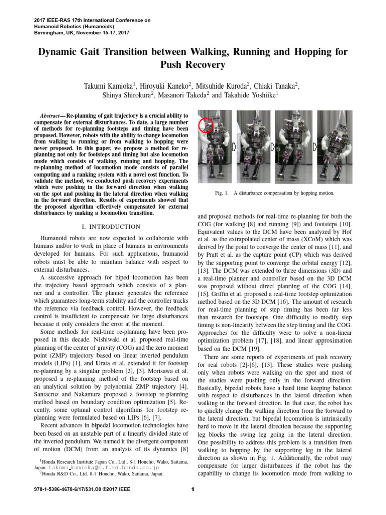 Dynamic Gait Transition in Humanoid Robots | PDF | Walking ...