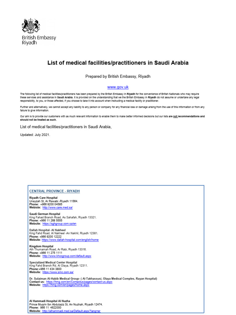 Medical Facilities in Saudi Arabia | PDF | Riyadh | Saudi Arabia