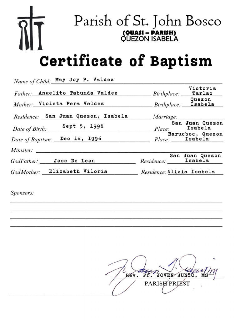 Baptismal Certificate for Marriage Use | PDF