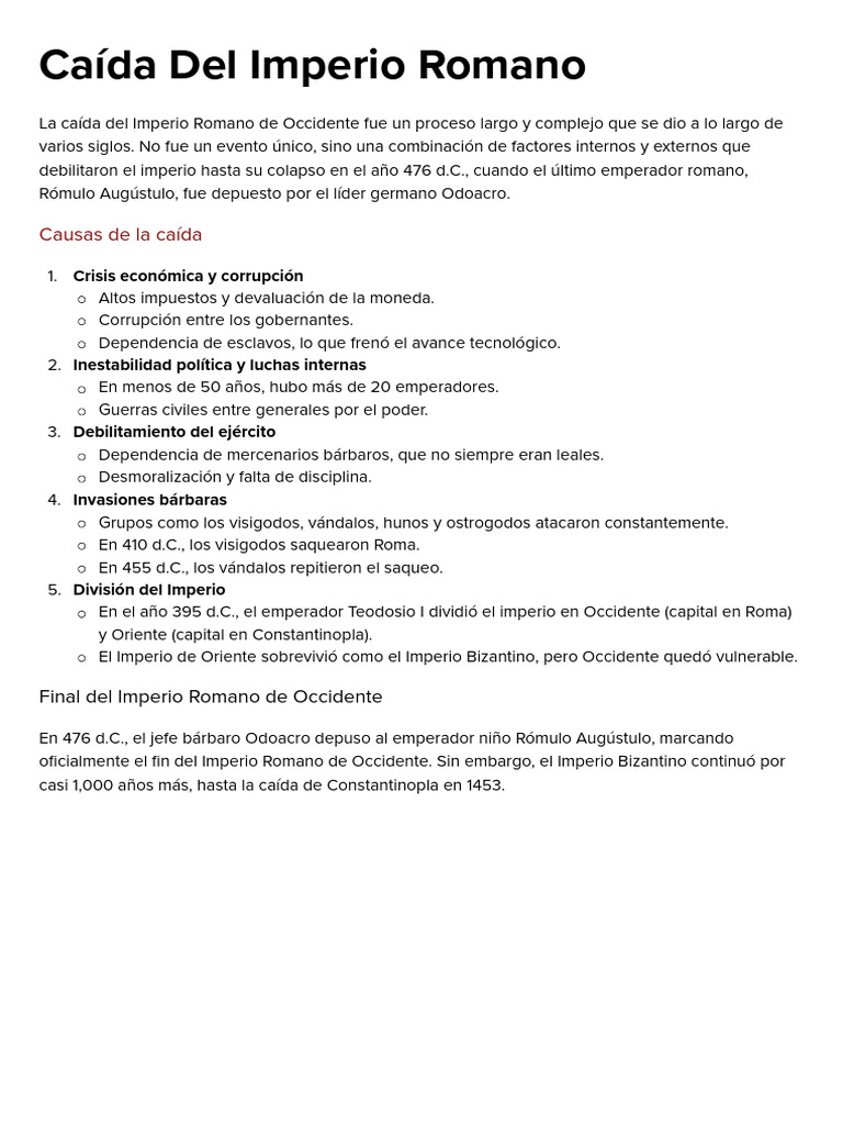 Causas de la Caída del Imperio Romano | PDF