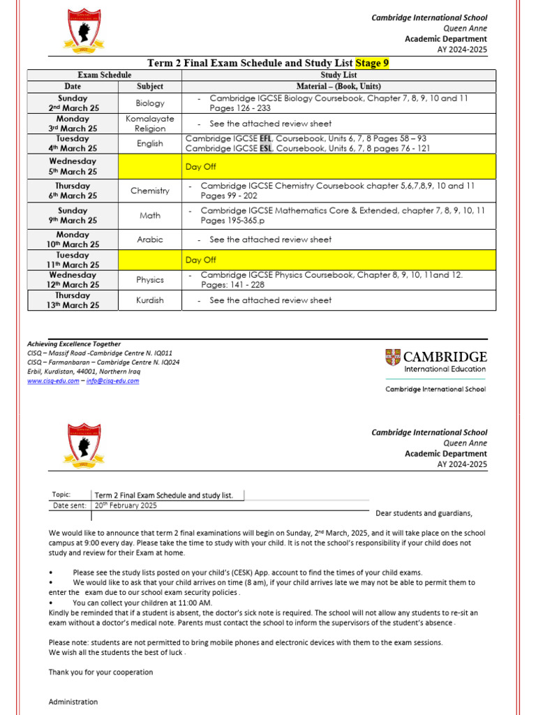 Term 2 Final Grade 9 Schedule and Review Sheets 2 | PDF | Iraqi ...