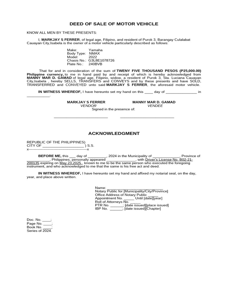 Motor Vehicle Sale Deed Template | PDF | Legal Documents | Common Law
