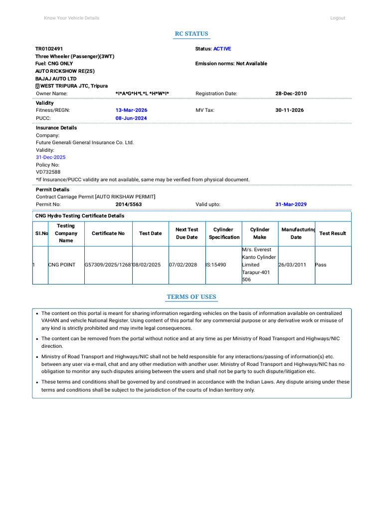 CNG Auto Rickshaw Registration Details | PDF | Transport