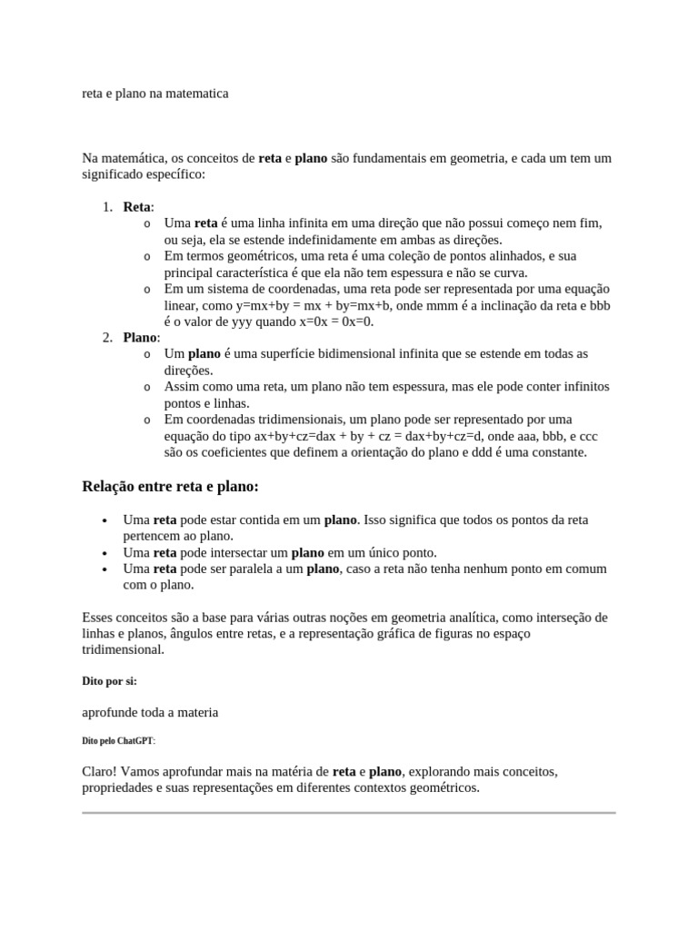 Reta e Plano: Conceitos Fundamentais | PDF | Linha (Geometria) | Equações