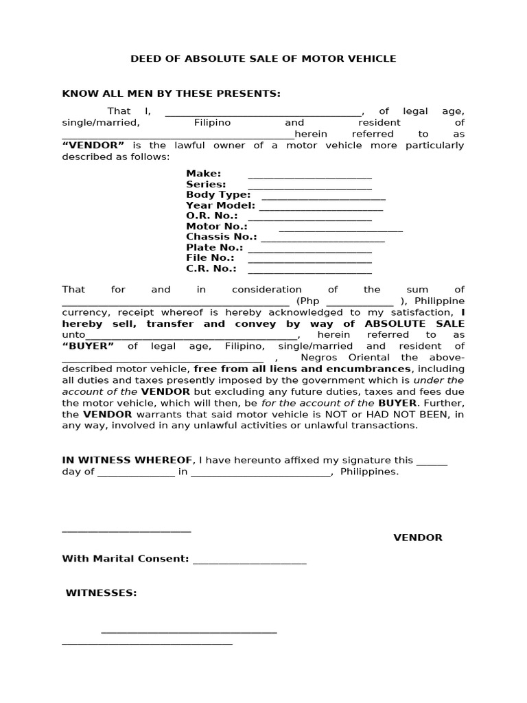 copy-BLANK DEED MOTOR VEHICLE | PDF | Deed | Property Law