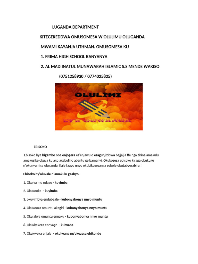 Luganda Ebisoko Handout 1 by Tr. Uthman | PDF