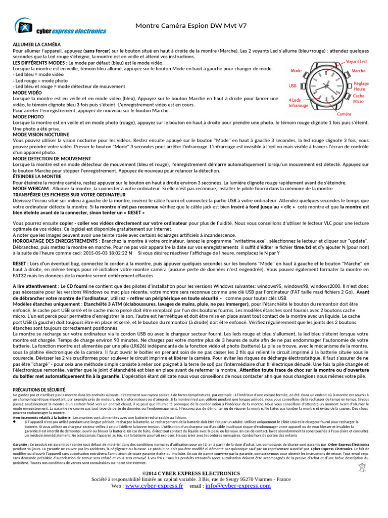 Notice Montre Caméra Espion Full HD DW MVT V7 PDF USB Chargeur — free download