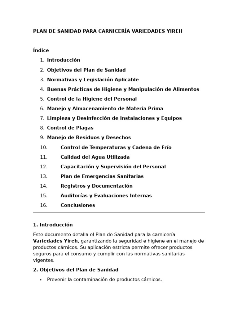 Plan de Sanidad para Carnicería Variedades Yireh | PDF | Seguridad ...