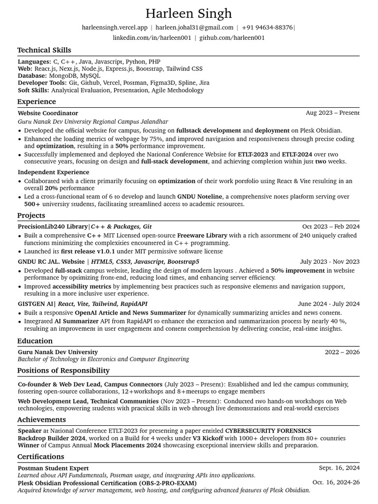 Harleen Singh Web Development Resume OverLeaf | PDF | Web Development ...
