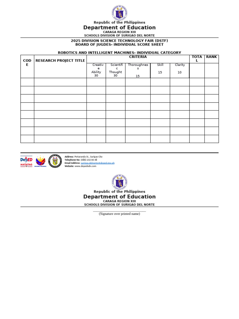 2025 Surigao Science Fair Score Sheet | PDF
