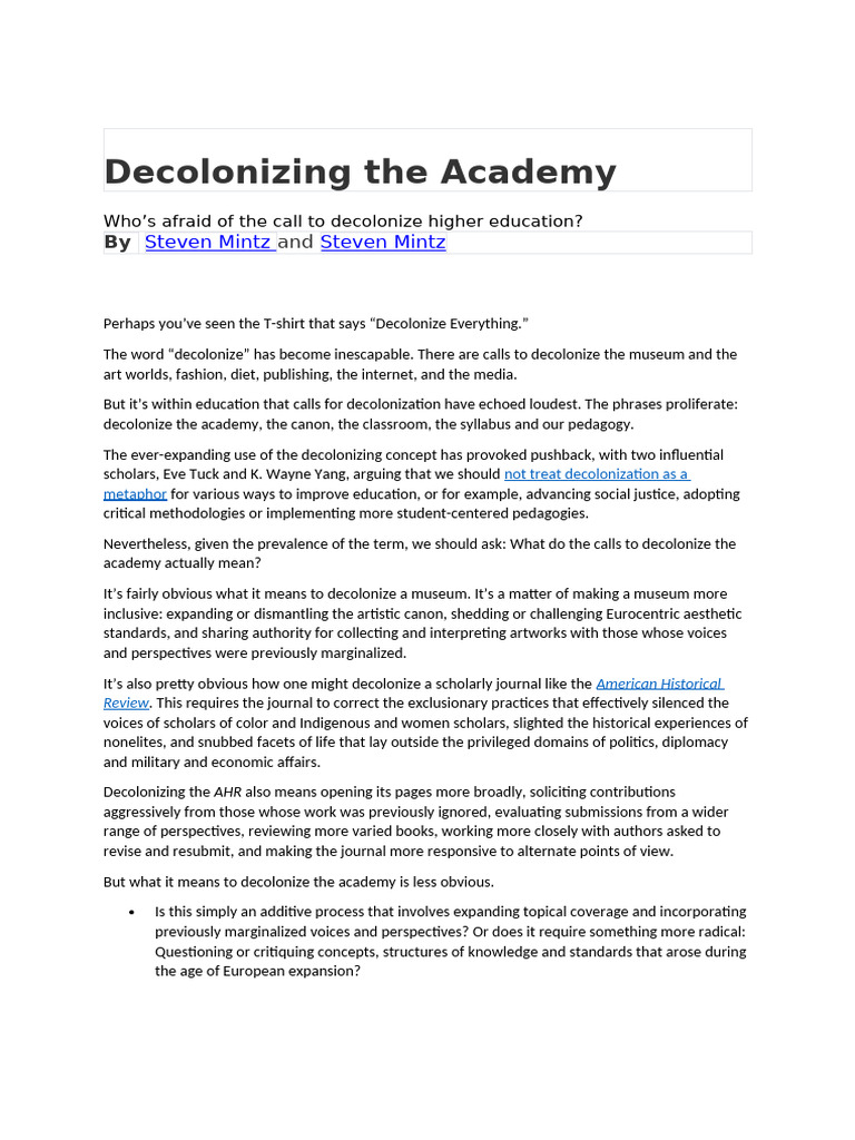 Decolonizing The Academy Pdf Pedagogy Knowledge