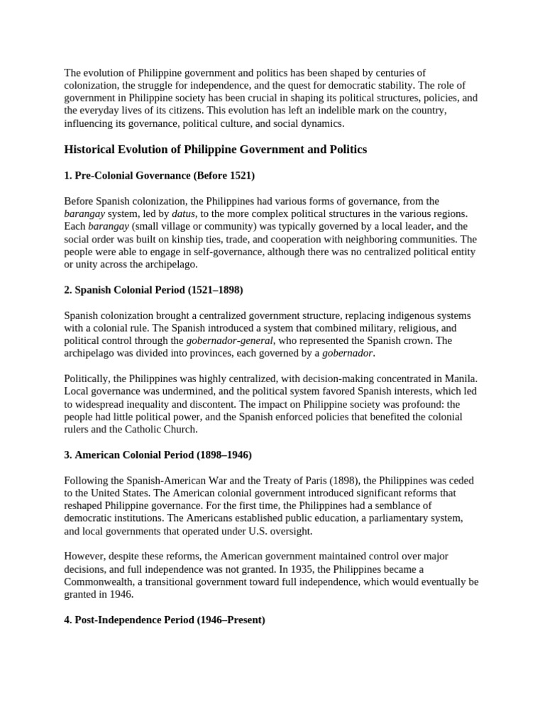 The Evolution of Philippine Government and Politics Has Been Shaped by ...
