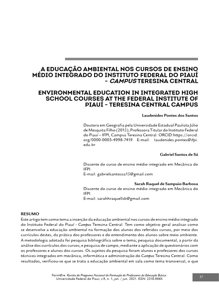 Educação Ambiental no Ensino Médio IFPI | PDF | Movimento ambientalista ...