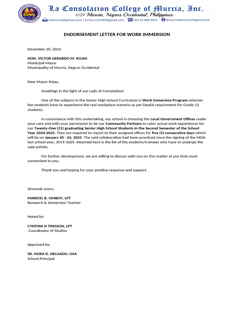 Endorsement Letter For Work Immersion | PDF | Curriculum