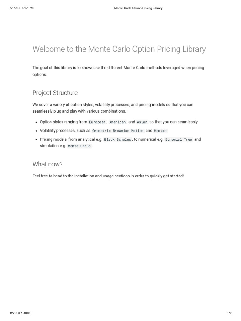 Monte Carlo Option Pricing Library Guide | PDF | Option (Finance ...