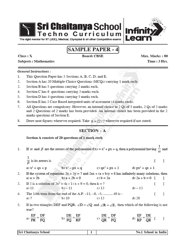 Sample Paper - 4 (For High Achievers) | PDF | Mathematics | Algebra