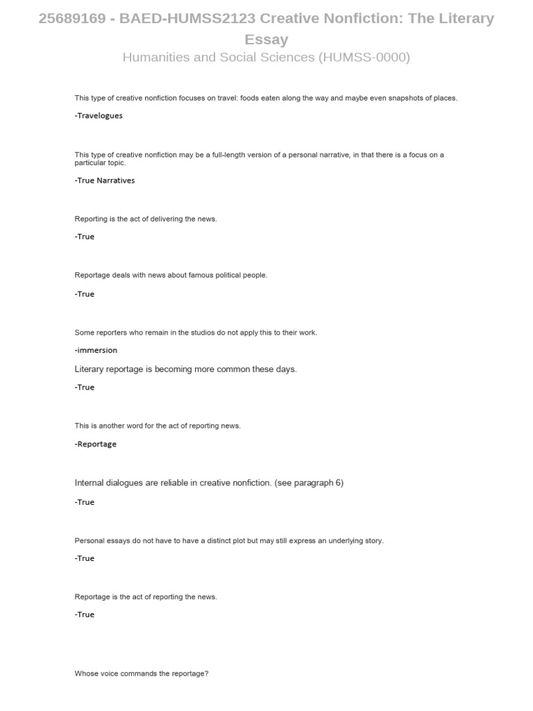 Baed Humss2123 Creative Nonfiction The Literary Essay Compress Pdf
