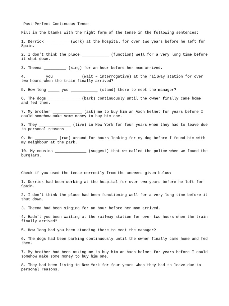 Past Perfect Continuous Tense Exercises | PDF