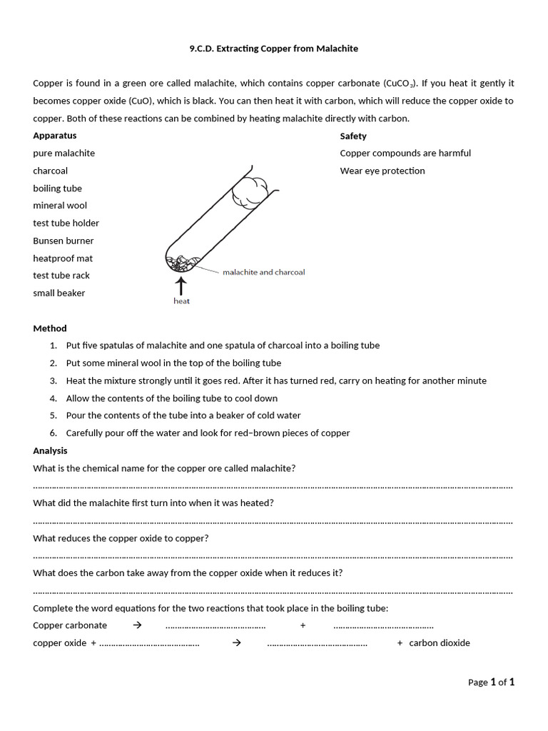 Copper Extraction from Malachite Experiment | PDF
